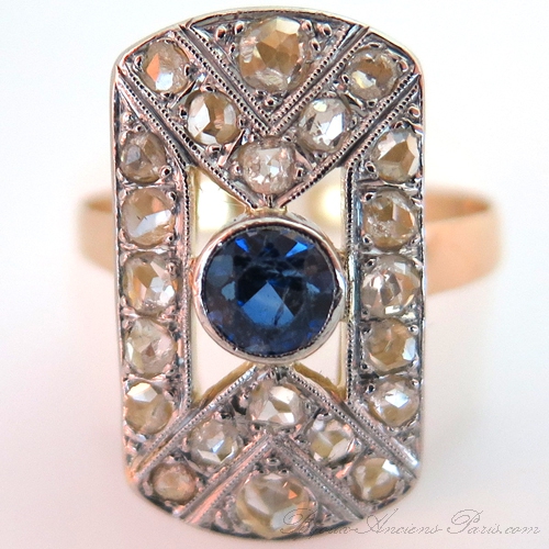 Bague ancienne pierre bleue diamants platine or rose 1775