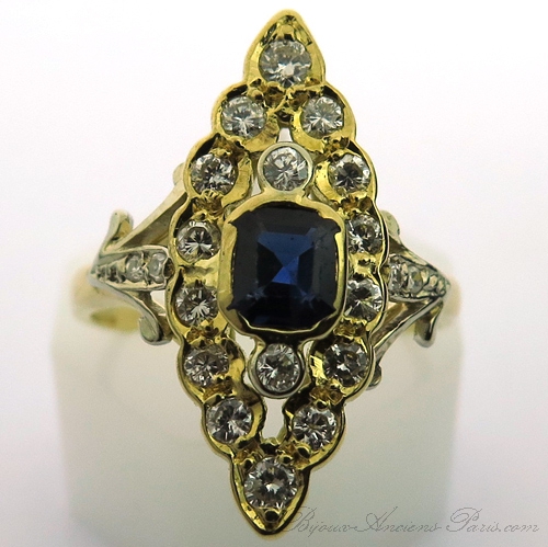 Bague marquise saphir diamants monture or jaune 1680