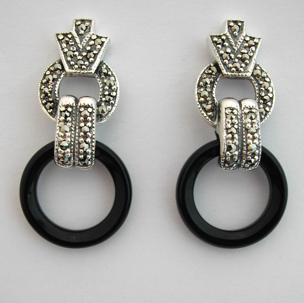 Boucles doreilles argent onyx marcassites 74