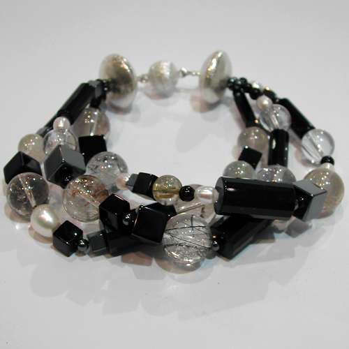 Bracelet argent onyx quartz perles deau douce C36