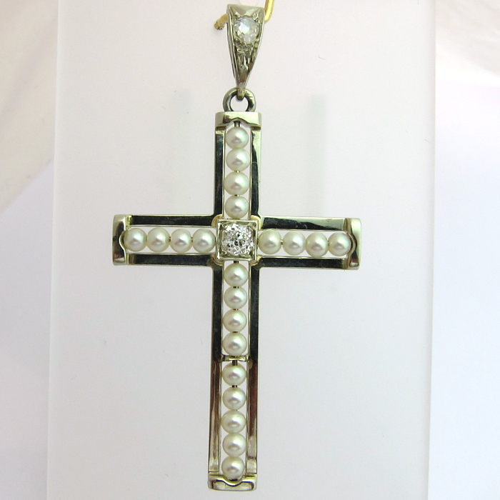 Pendentif ancien croix perles diamants or gris 283