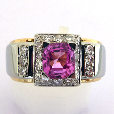 Bague or platine saphir rose diamants 659