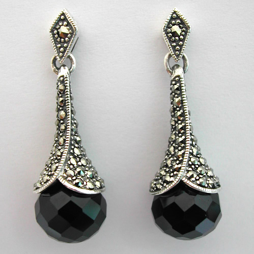 Boucles doreilles argent onyx marcassites 73